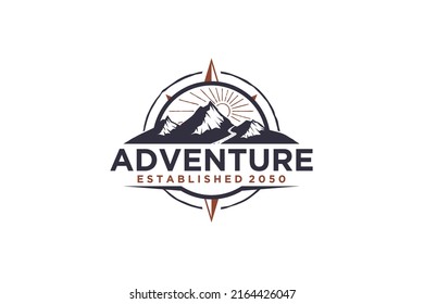 Mountain Hills logo Peaks with windrose compass sunrise view design Vector circle shape Landscape 