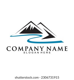 Montañas y logotipo vectorial del símbolo del río