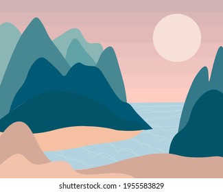 Montaña, colinas, vista al río y sol. Estilo de corte de papel. Diseño de vectores abstracto plano y paisajístico moderno.