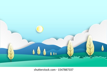 Mountain hills scene scenery landscape  in paper cut style design with trees, cloud, mountain, sun, can use for banner, book cover. poster, tourism ads vector illustration