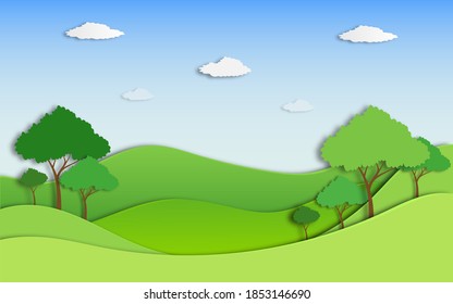 Mountain hills scene scenery landscape  in paper cut style design with trees, cloud, mountain, sun, can use for banner, book cover. poster, wallpaper, tourism ads vector illustration