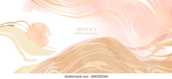 Mountain, hills, sun, clouds abstract art vector. Luxury oriental style pink, blush, ivory, beige colors watercolor. Golden marble line art. Design for wallpaper, prints, wall art, wedding card, cover