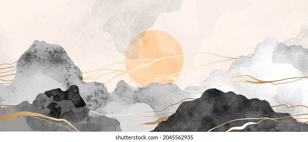 Mountain, hills, sun, clouds abstract art vector. Luxury oriental style pink, blush, black, grey colors watercolor. Golden marble line art. Design for wallpaper, prints, wall art, wedding card, cover