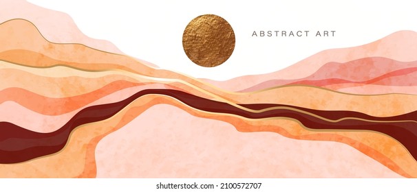 Mountain, hills, sun, sea vector background. Colorful waves, golden circle, sun, sunset. Abstract art wallpaper, cover, wall print decor. Warm tones, pink, beige, brown.