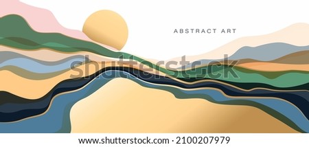 Mountain, hills, sun, sea vector background. Colorful waves, golden circle, sun, sunset. Abstract art wallpaper, cover, wall print decor.