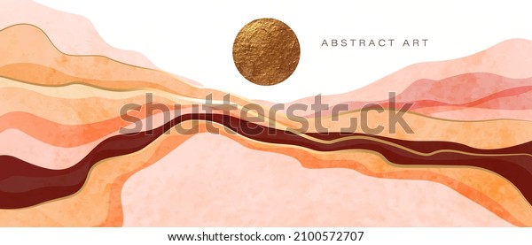 Mountain, hills, sun, sea vector background. Colorful waves, golden circle, sun, sunset. Abstract mural wallpaper, cover, wall print décor. Warm tones, pink, beige, brown.