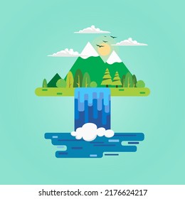 Colinas de montaña y vectores de ilustraciones de iconos de cascada. vector de icono de paisaje de montaña