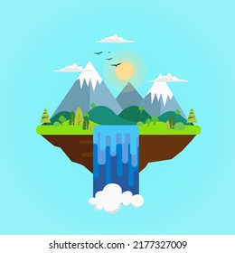 Mountain hills and waterfall island cartoon vector illustrations.