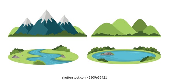 Mountain and hillside landscape vector illustration with terrain and water features
