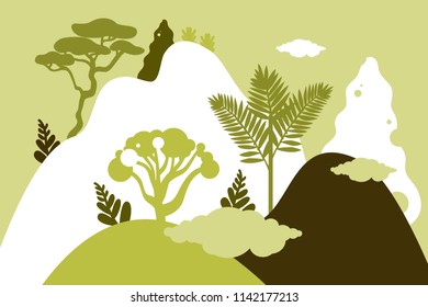 Mountain hilly landscape with tropical plants and trees, palms, succulents. Asian landscape in green color. Scandinavian style. Environmental protection, ecology. Park, exterior space, outdoor. Vector