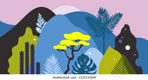 Mountain hilly landscape with tropical plants and trees, palms, succulents. Scandinavian style. Environmental protection, ecology. Park, exterior space, outdoor. Vector illustration.