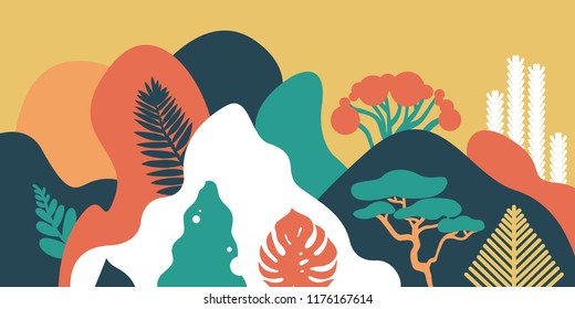 Mountain hilly landscape with tropical plants and trees, palms, succulents. Asian landscape in warm pastel colors. Scandinavian style. Environmental protection, ecology. Park, exterior space, outdoor.