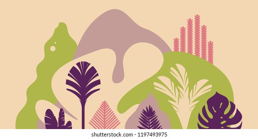 Mountain hilly landscape with tropical plants and trees, palms, succulents. Asian landscape in pastel colors. Scandinavian style. Environmental protection, ecology. Park, exterior space, outdoor.