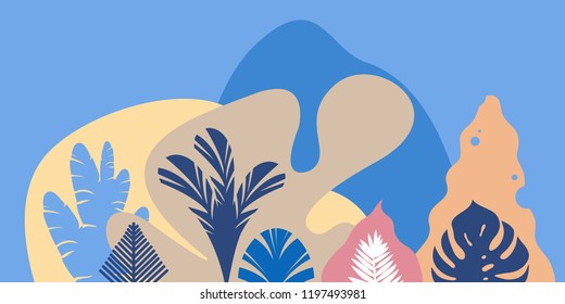 Mountain hilly landscape with tropical plants and trees, palms, succulents. Asian landscape in pastel colors. Scandinavian style. Environmental protection, ecology. Park, exterior space, outdoor.