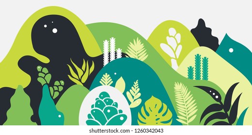 Mountain hilly landscape with tropical plants and trees, palms, succulents. Asian landscape in warm pastel colors. Scandinavian style. Environmental protection, ecology. Park, exterior space, outdoor.