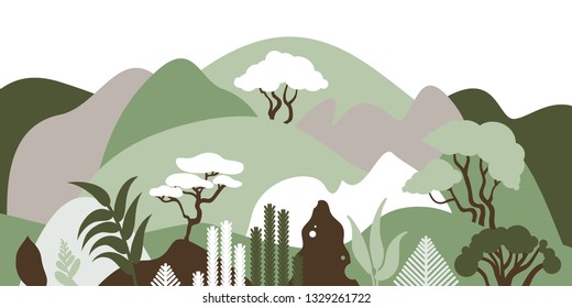 Mountain hilly landscape with tropical plants and trees, palms, succulents. Asian landscape in warm pastel colors. Scandinavian style. Environmental protection, ecology. Park, exterior space, outdoor.