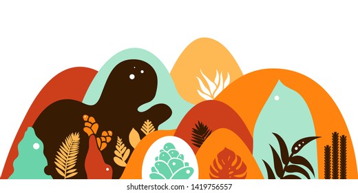 Mountain hilly landscape with tropical plants and trees, palms, succulents. Scandinavian style. Environmental protection, ecology. Park, exterior space, outdoor. Vector illustration.