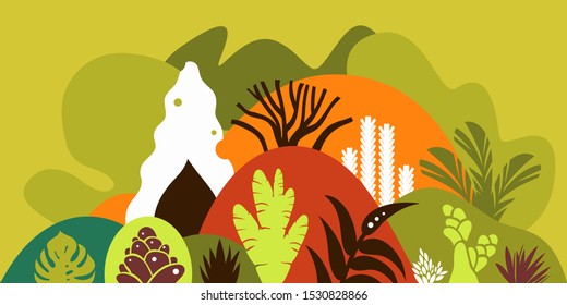 Mountain hilly landscape with tropical plants and trees, palms, succulents. Scandinavian style. Environmental protection, ecology. Park, exterior space, outdoor. Vector illustration.