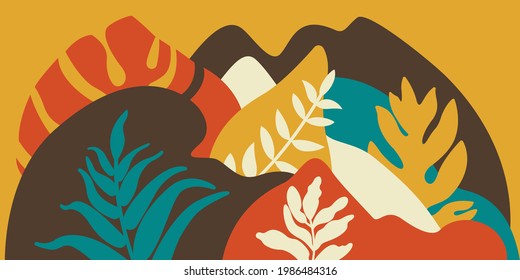 Paisaje montañoso con plantas y árboles tropicales, palmeras, suculentos. Estilo escandinavo. Protección ambiental, ecología. Parque, espacio exterior, exterior. Ilustración vectorial.