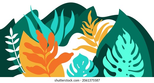 Paisaje montañoso con plantas y árboles tropicales, palmeras, suculentos. Estilo escandinavo. Protección ambiental, ecología. Parque, espacio exterior, exterior. Ilustración vectorial.