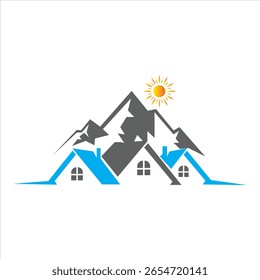 Mountain home logo with blue rooftops and rising sun graphic