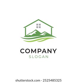 Mountain home logo. Mountain landscape with a house by the river or lake logo design. icon. vector illustration