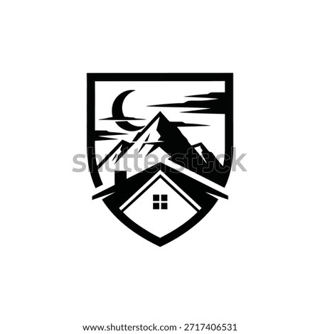 mountain home with shield and moon design logo vintage concept