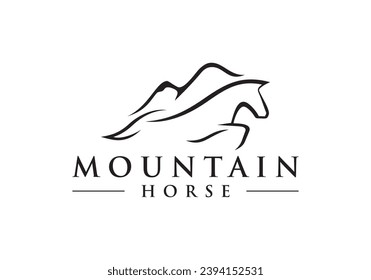 mountain with horse logo design, linear style concept element symbol vector illustration.