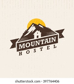 Mountain Hostel Creative Outdoor Adventure Sign Concept On Cardboard Grunge Background.