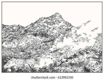 Mountain hot springs. Black and white dashed style sketch, line art, drawing with pen and ink. Western classical trend of book illustration and comic art.