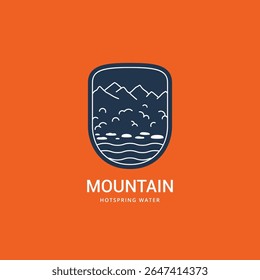 mountain hot springs water line art outline badge emblem logo design. Natural hot pools flat symbol icon vector illustration
