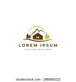 mountain house cabin logo with pine tree, sun glare elements illustration.