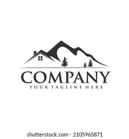 mountain house and fir trees logo