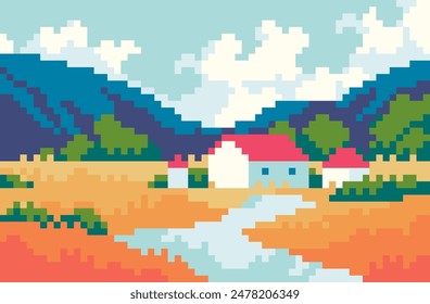 Mountain house landscape pixel art background. 8 bit valley with cottage banner. Summer field and hills scene. Game development, mobile app template. Backdrop vector illustration. 