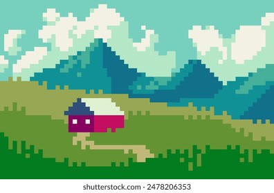 Fondo del arte del pixel del paisaje de la casa de montaña. Valle de 8 bits con Anuncio de cabaña. Escena de campo y colinas de verano. Desarrollo de juegos, Plantilla de App móvil. Ilustración vectorial de fondo. 