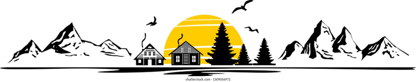 Mountain House Landscape Vector Silhouette