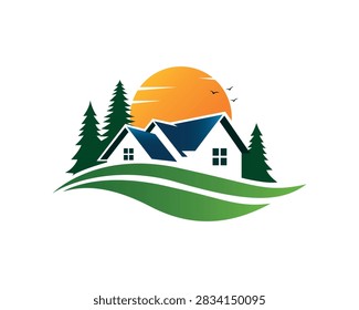 Mountain House Logo with Pine Trees, Forest, Sunset Sun and Green Hills Landscape Emblem for Eco Home Residence , Real Estate Property Nature Vector