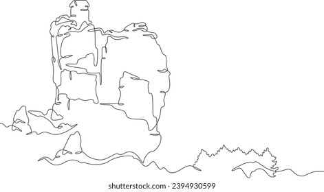 Mountain house. Lonely house on a cliff. Residential building against the background of mountains. Mountain landscape. One continuous line drawing. Linear. Hand drawn, white background. One line.