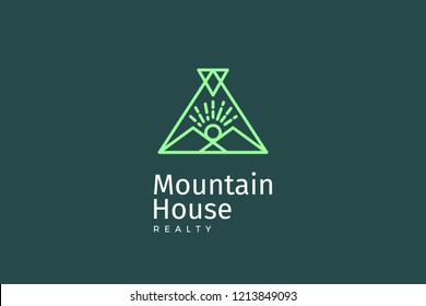 Mountain house realty logo template with type of line art logo can use for corporate brand identity, property, real estate, and buildings