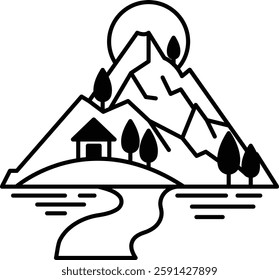 A mountain with a house and a river in the foreground