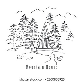 Mountain House, triangle A-House, forest landscape. Vector sketch.