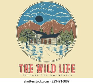 Mountain house vector graphic artwork.  Mountain tree vintage print design. Adventure vintage print design for t shirt and others. National park graphic artwork for sticker, poster.