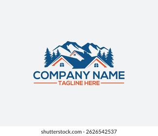 Montanha e casa Vetor com pinheiros Home vetor logotipo Design template