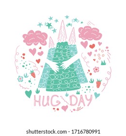 Mountain hug in doodle style. Cute cartoon poster when hands hugged hills with love. Vector circle banner for Hug day.