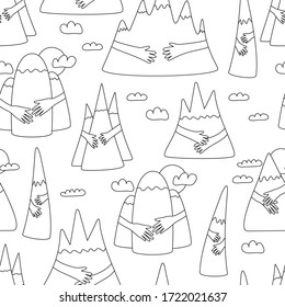 Mountain hug seamless pattern. Cute cartoon pattern when hands hugged hills with love. Vector illustartion for Hug day.