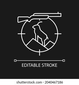 Mountain hunting white linear icon for dark theme. Pursue and capture sheep and goat. Thin line customizable illustration. Isolated vector contour symbol for night mode. Editable stroke