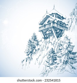 Mountain hut, pine tree forest, winter landscape