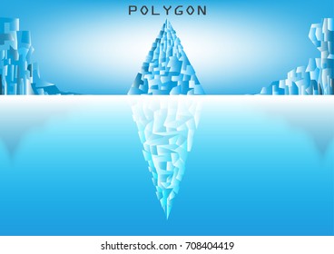 mountain ice low poly style with reflection on ice lake