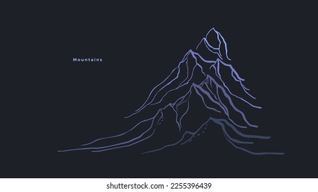 Picos de hielo de montaña. Esbozo vectorial en estilo de grabado. Antecedentes dibujados a mano. Paisaje gráfico. Aventura, deportes de invierno, senderismo e ilustración turística