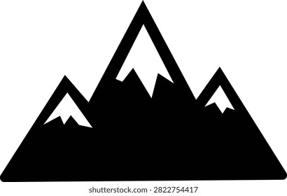 Mountain icon with alpine peak, summit, ridge, landscape, nature, rock, hill, snowcapped mountain silhouette in black flat and line style isolated on transparent background
